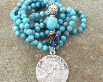 Long Hand Knotted Turquoise Necklace with Blessed Saint Francis of Assisi Pendant