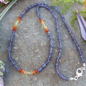 20&quot; Faceted Blue Iolite Gemstone Necklace with Shaded Carnelian and Yellow Quartz