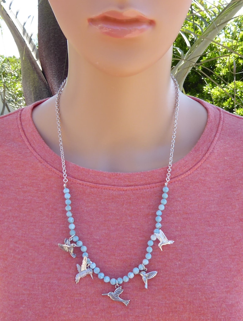 Larimar Hummingbird Necklace with Sterling Hummingbird Charms and Sterling Chain