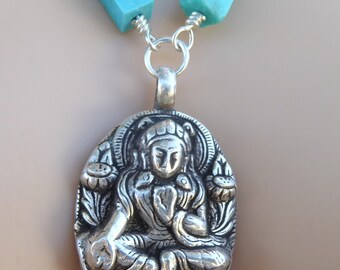 Wire Wrapped Turquoise Necklace With Tibetan Buddhist Sterling