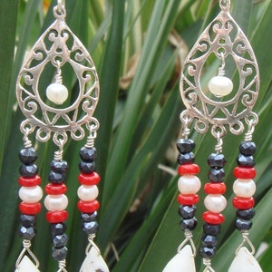 Dendritic Opal and Pearl Chandelier Earrings with Red Coral and Mystic Black Spinel Gemstones