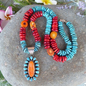 Long 26 1/2&quot; Rustic Heishi Red Coral and Blue Turquoise Necklace, Hand Knotted Necklace, Dan Dodson Turquoise and Spiny Oyster Pendant