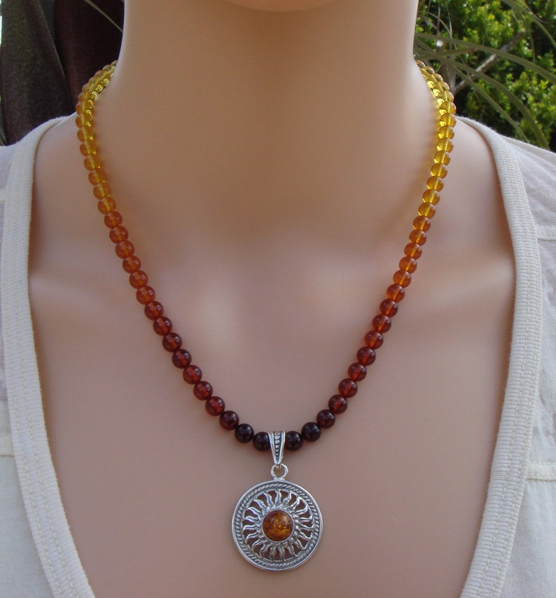 Ombre Baltic Amber Necklace with a Sterling Amber Sun Pendant