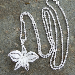 Orchid Necklace with a Sterling Cattleya Orchid Flower Pendant on Sterling Chain
