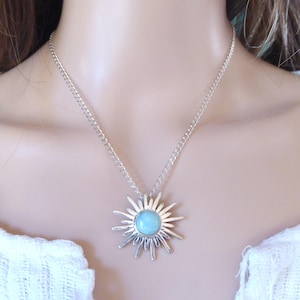 Blue Larimar Sun Pendant Necklace with a Larimar Sterling Sun Pendant on Sterling Chain