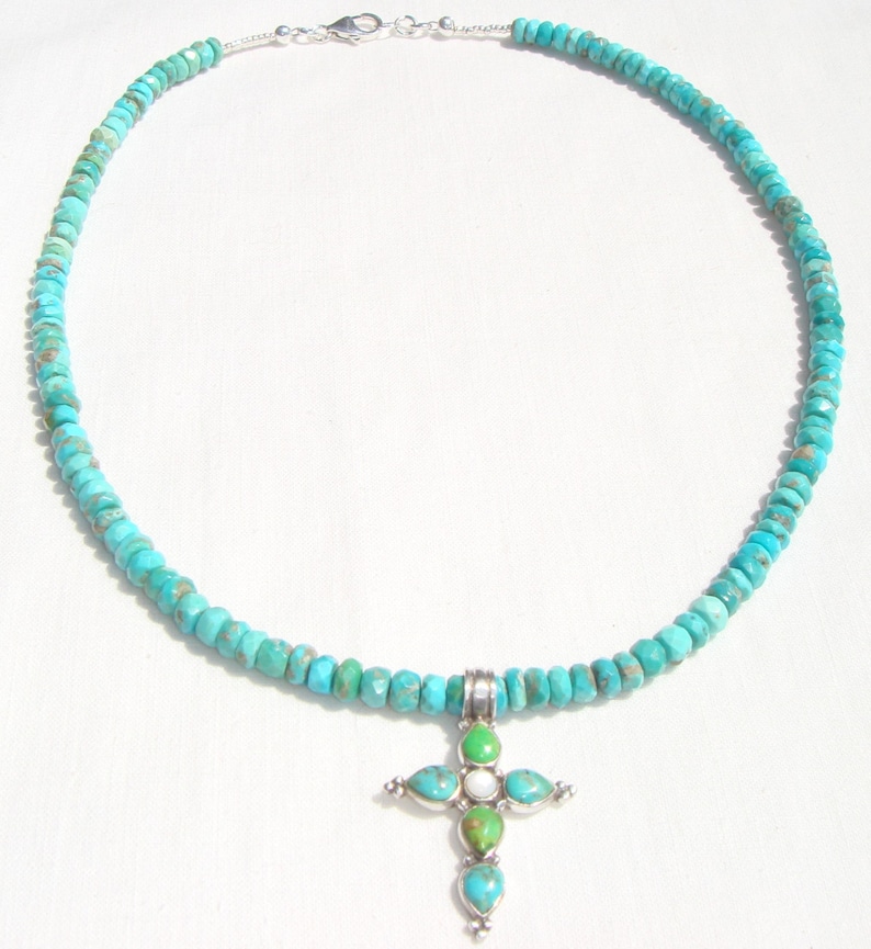 Blue Turquoise Cross Necklace with a Zuni Turquoise Cross Pendant