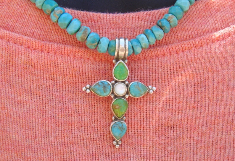 Blue Turquoise Cross Necklace with a Zuni Turquoise Cross Pendant