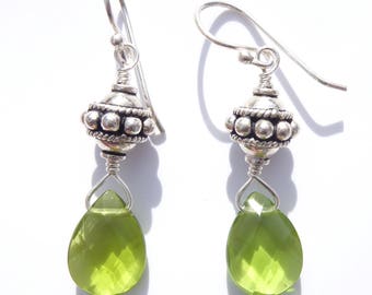 Green Peridot Gemstone Earrings with Sterling Bali Beads