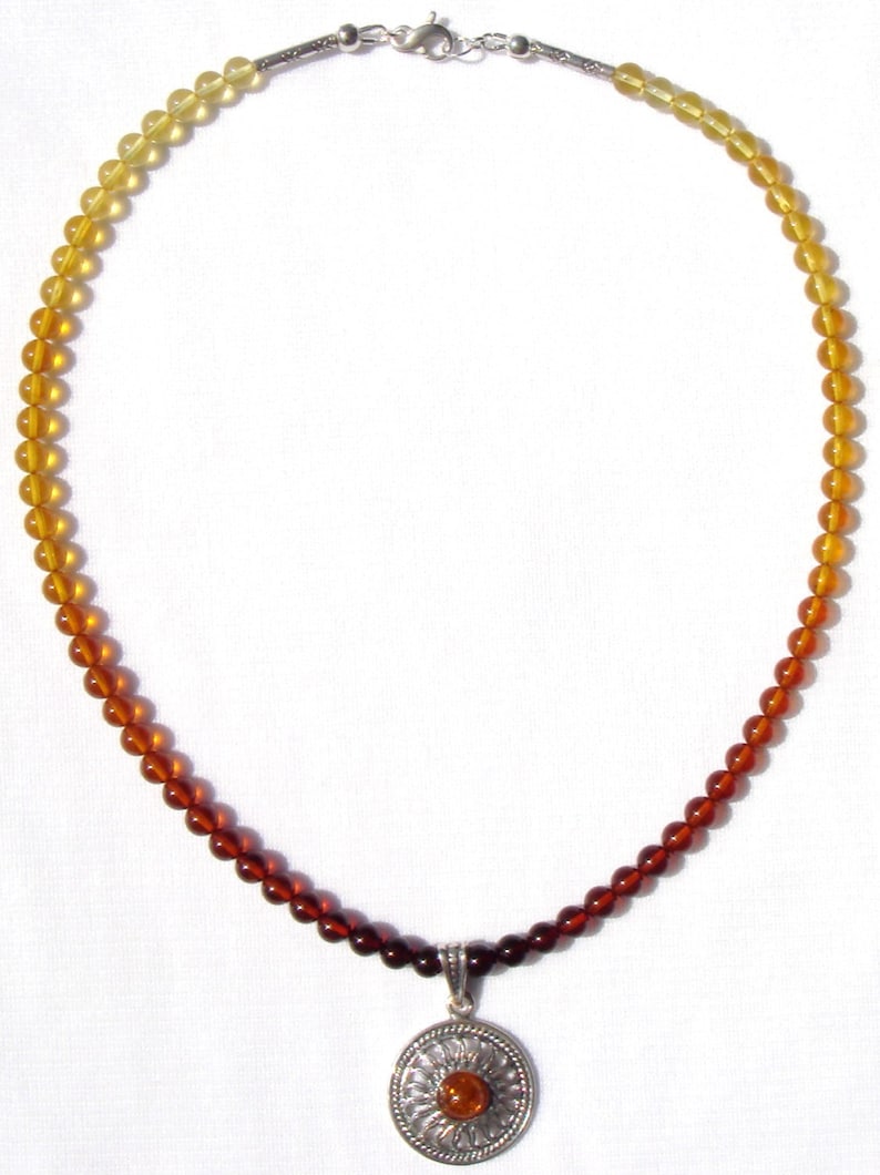 Ombre Baltic Amber Necklace with a Sterling Amber Sun Pendant