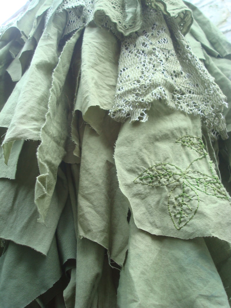 Green skirt Woodland pixie skirt Hand dyed Tattered short Repurposed Shredded fabrics Forest Mori girl Alternative eco fashion image 5