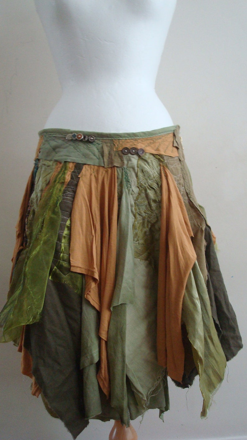 SOLD Upcycled Skirt Woman's Clothing Green Brown Tribal Woodland Skirt Elf Gown Cotton Organza Layers Dark Mori Girl Made to Order Custom image 1