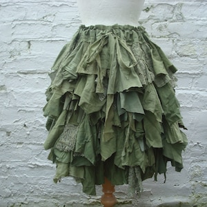 Green skirt Woodland pixie skirt Hand dyed Tattered short Repurposed Shredded fabrics Forest Mori girl Alternative eco fashion