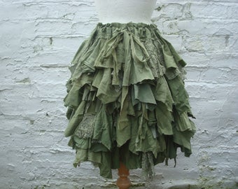 Green skirt Woodland pixie skirt Hand dyed Tattered short Repurposed Shredded fabrics Forest Mori girl Alternative eco fashion