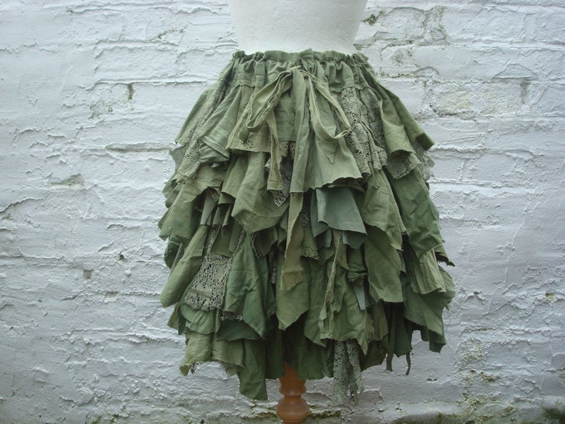 Green skirt Woodland pixie skirt Hand dyed Tattered short Repurposed Shredded fabrics Forest Mori girl Alternative eco fashion image 1