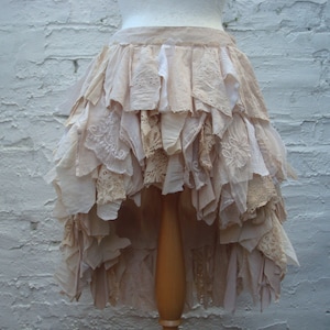 Tea stained skirt Hi lo skirt Tattered skirt Upcycled gown Country wedding skirt Woodland Boho Mori heigh low skirt ruffled rags
