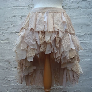 Tea stained skirt Hi lo skirt Tattered skirt Upcycled gown Country wedding skirt Woodland Boho Mori heigh low skirt ruffled rags image 1