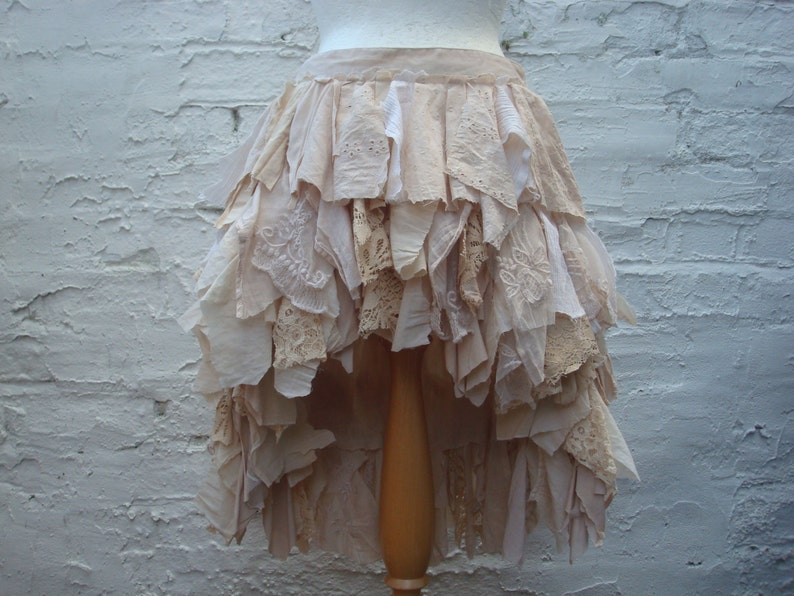 Tea stained skirt Hi lo skirt Tattered skirt Upcycled gown Country wedding skirt Woodland Boho Mori heigh low skirt ruffled rags image 1