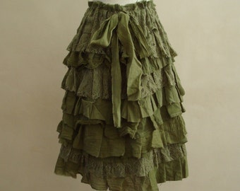 Olive green skirt, Woodland gown, Woman's Clothing, Ruffles Cotton Lace Layers, Dark  mori girl,  Forest skirt, Slow fashion, made in UK