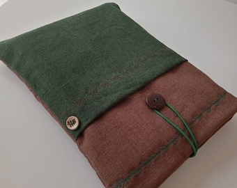 Green Brown Linen Padded Book Sleeve, Book Bag, Book Protector, Book Pouch, Bookworm, Bookish Gift, Book Sleeve With Pocket, UK