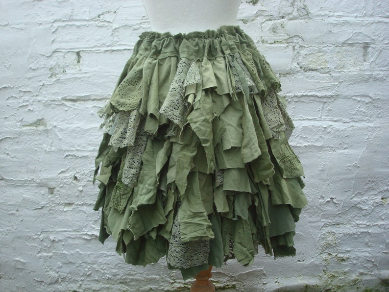 Green skirt Woodland pixie skirt Hand dyed Tattered short Repurposed Shredded fabrics Forest Mori girl Alternative eco fashion image 3