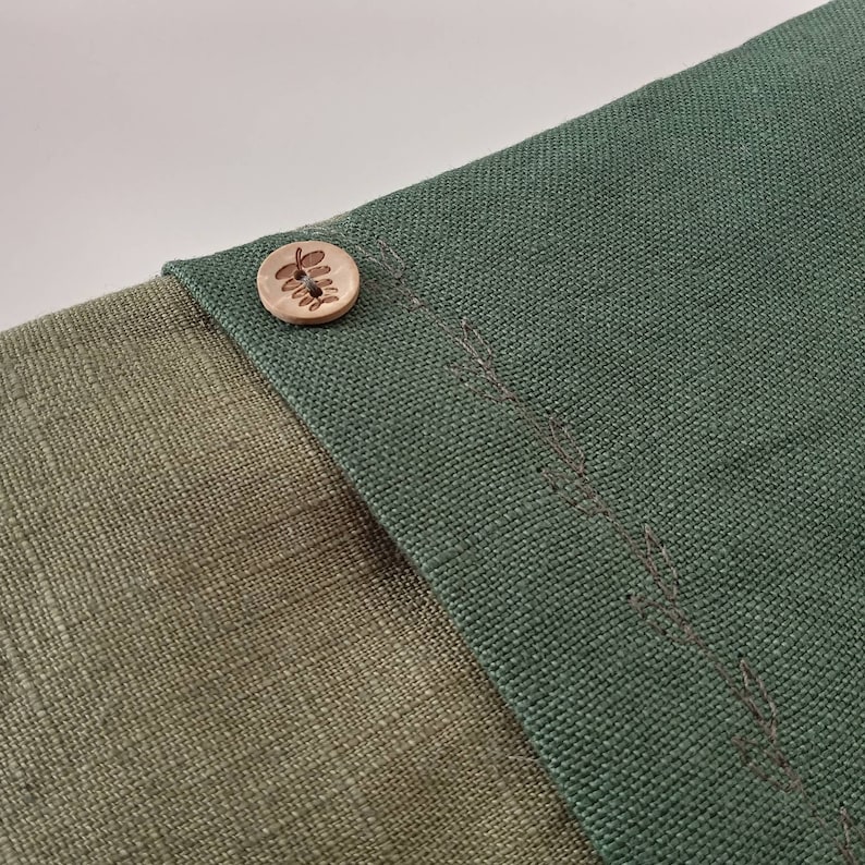 May include: Close-up of a two-toned fabric item with a button. The item features a section of olive green fabric and a section of dark green fabric. A light brown button with a leaf design is sewn onto the dark green fabric.