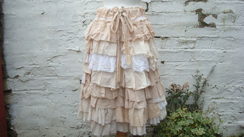 Shabby chic Upcycled Skirt Woman's Clothing Ruffles Mori Girl Lagenlook Tribal Cotton Layers Woodland image 1