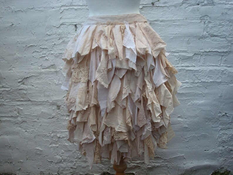 Tea stained skirt Hi lo skirt Tattered skirt Upcycled gown Country wedding skirt Woodland Boho Mori heigh low skirt ruffled rags image 4