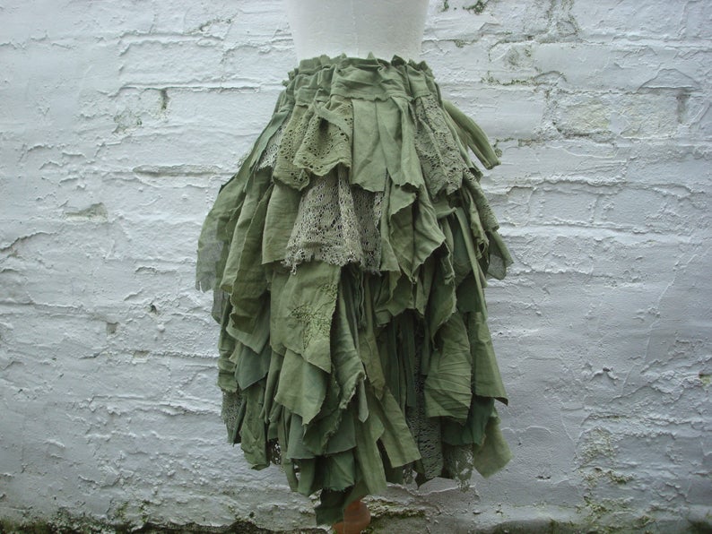 Green skirt Woodland pixie skirt Hand dyed Tattered short Repurposed Shredded fabrics Forest Mori girl Alternative eco fashion image 4