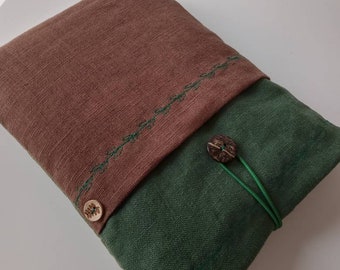 Hand Dyed Linen Book Sleeve with Leaf Embroidery, Medium