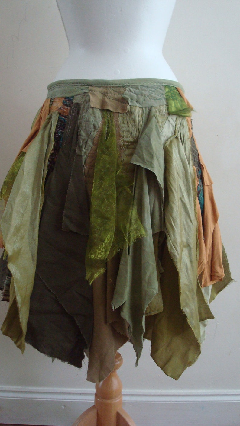 SOLD Upcycled Skirt Woman's Clothing Green Brown Tribal Woodland Skirt Elf Gown Cotton Organza Layers Dark Mori Girl Made to Order Custom image 3