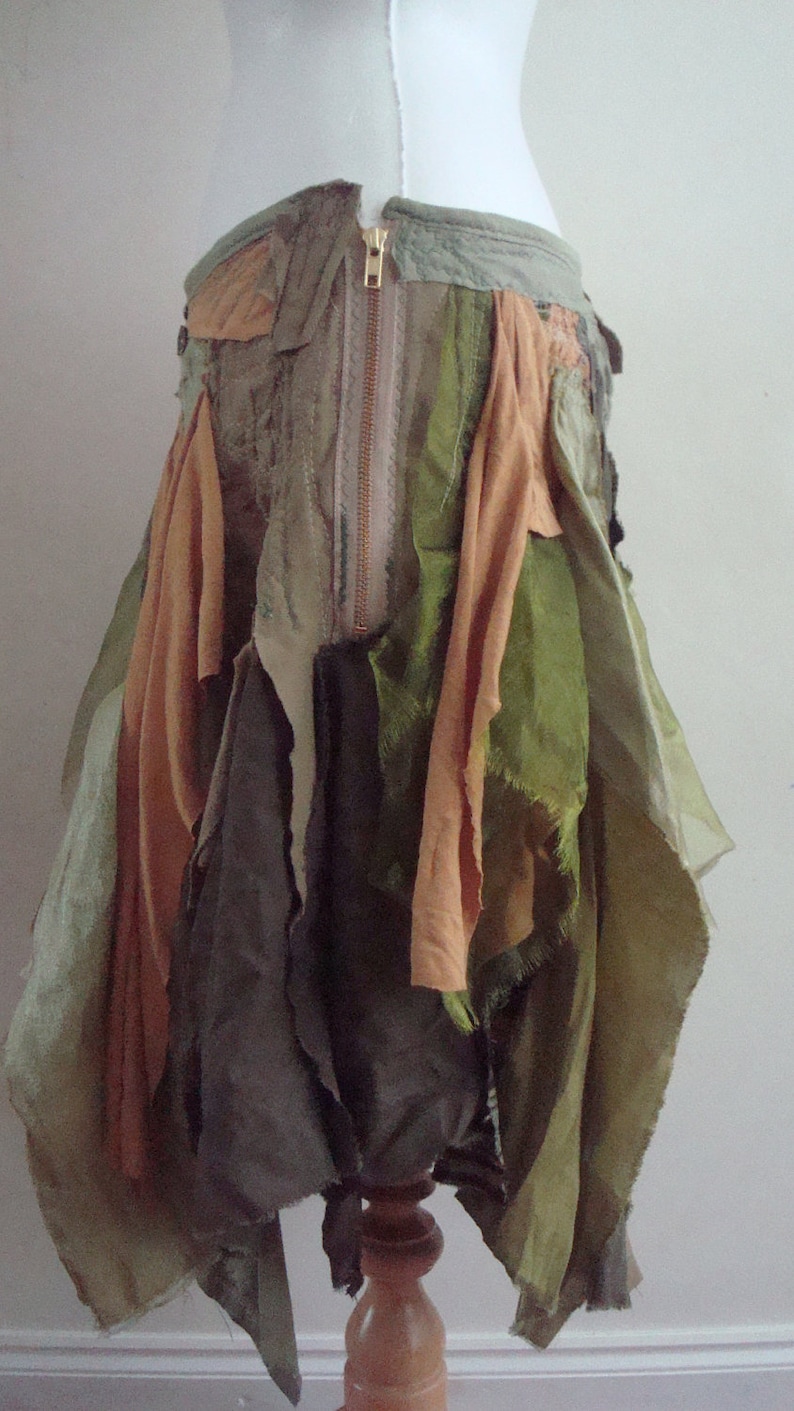 SOLD Upcycled Skirt Woman's Clothing Green Brown Tribal Woodland Skirt Elf Gown Cotton Organza Layers Dark Mori Girl Made to Order Custom image 4