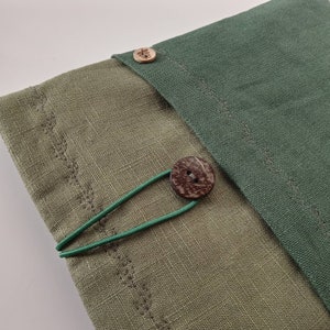 May include: Close-up of a handmade, two-toned fabric item. The top section is a deep green, while the bottom is a muted olive green. The item is secured with two wooden buttons and a green elastic loop. The stitching is visible.