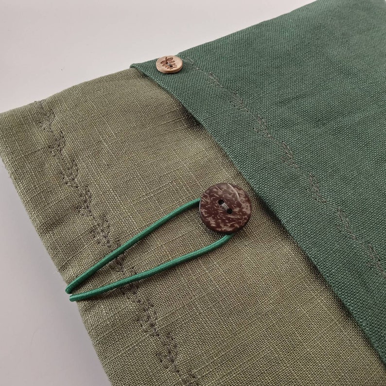 May include: Close-up of a handmade, two-toned fabric item. The top section is a deep green, while the bottom is a muted olive green. The item is secured with two wooden buttons and a green elastic loop. The stitching is visible.
