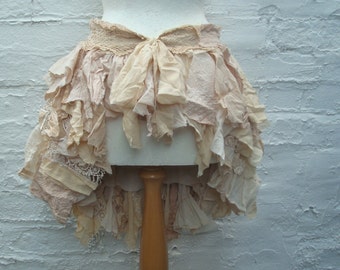Tea Stained Upcycled Cotton Bustle Skirt, Beige Mori Girl Style