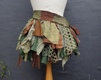 Green and brown bustle, olive green, tattered overskirt, woodland clothing, mori, forest, boho, fire festival, repuropsed UK