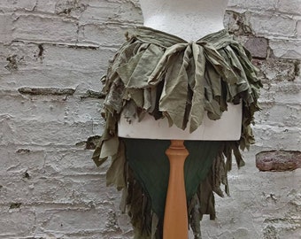 Green bustle, Tattered shredded over skirt, Woodland gown, Forest costume, Upcycled Clothing, repurposed fashion, made in England uk