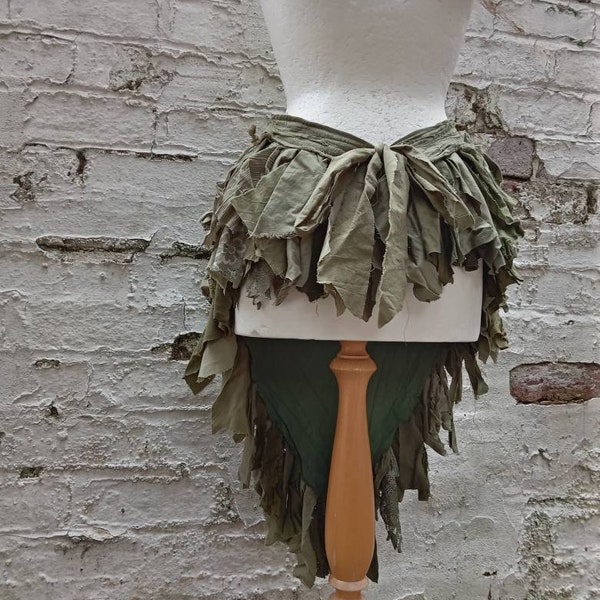 Green bustle, Tattered shredded over skirt, Woodland gown, Forest costume, Upcycled Clothing, repurposed fashion, made in England uk