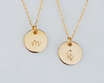 gold-plated gifts for mom CUSTOM initial necklace tiny circle pendant dainty gold necklace cursive necklace hand-stamped jewelry