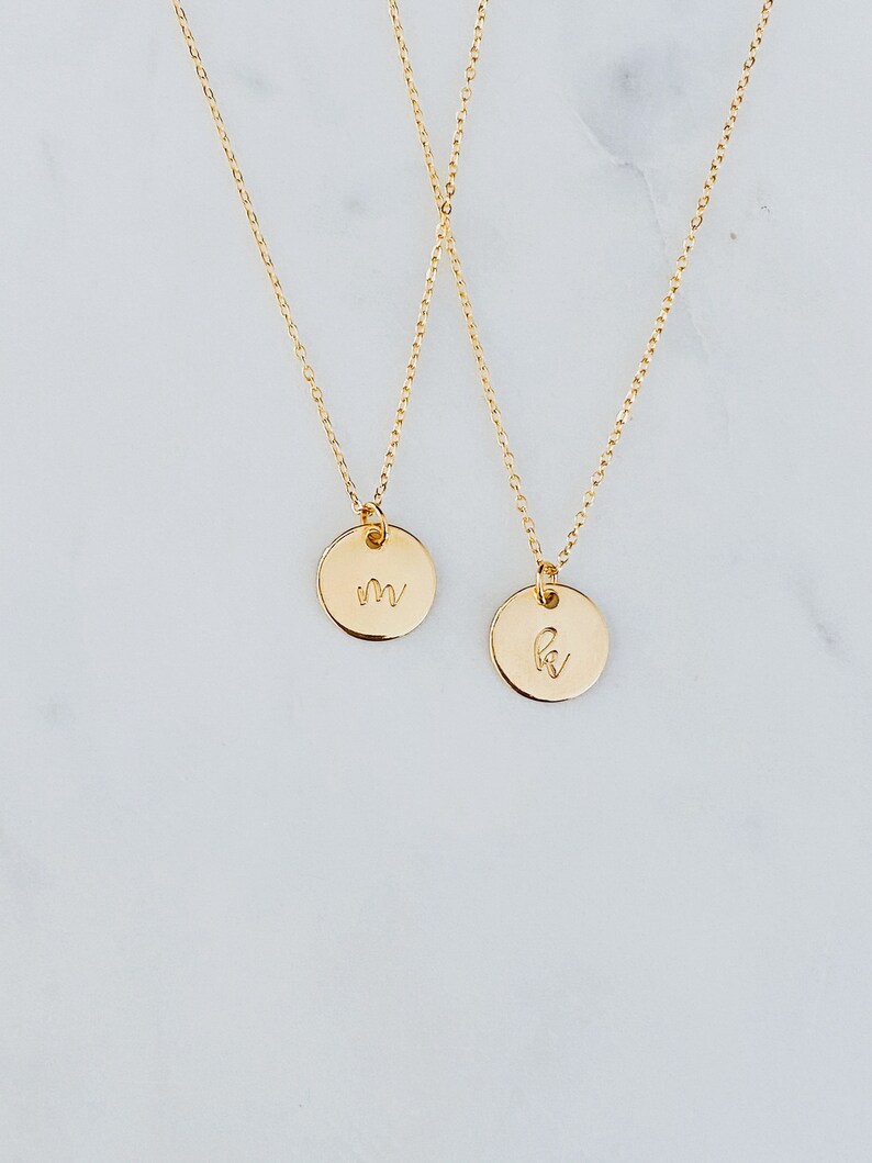 gold-plated gifts for mom CUSTOM initial necklace tiny circle pendant dainty gold necklace cursive necklace hand-stamped jewelry