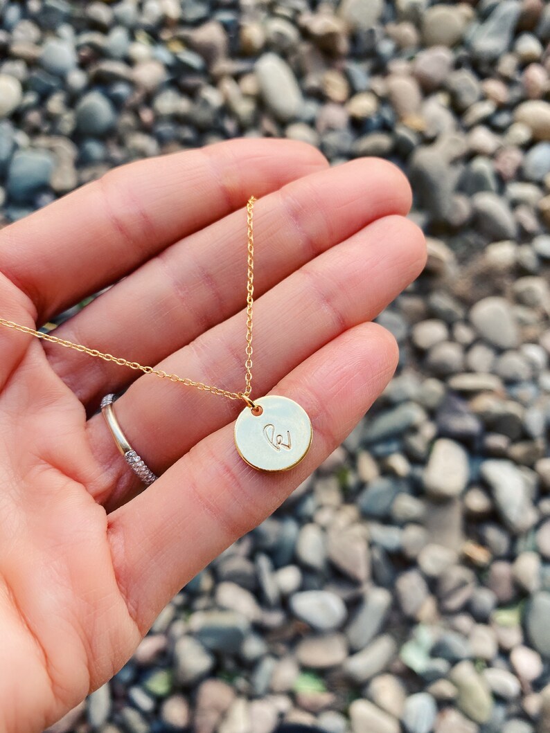gold-plated gifts for mom CUSTOM initial necklace tiny circle pendant dainty gold necklace cursive necklace hand-stamped jewelry