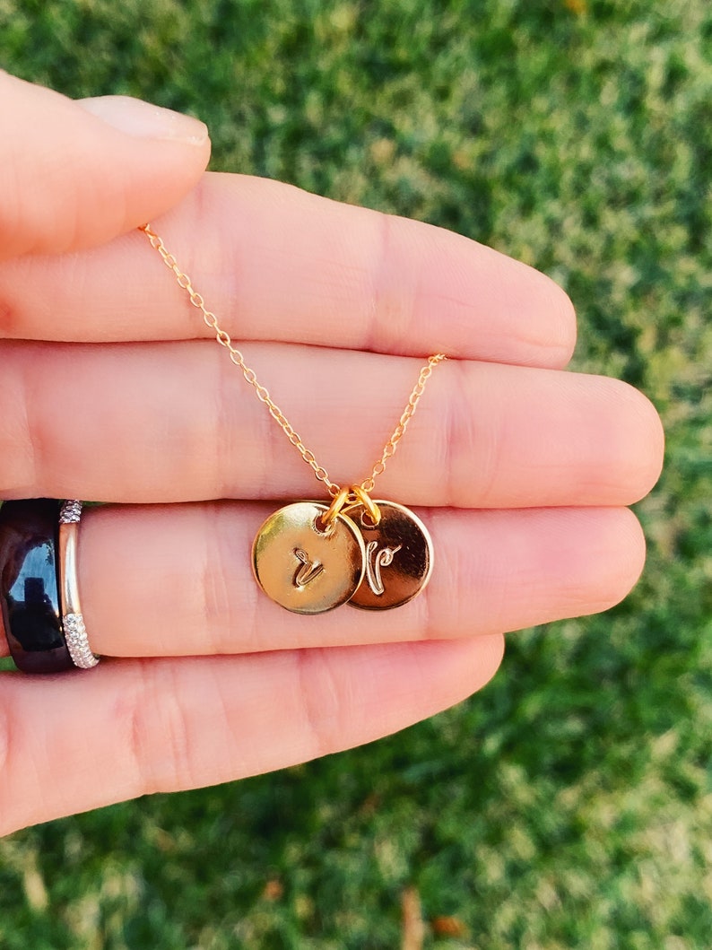 gold-plated gifts for mom CUSTOM initial necklace tiny circle pendant dainty gold necklace cursive necklace hand-stamped jewelry
