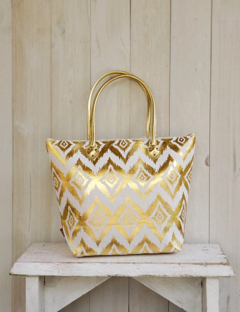 Mother/'s Day Gift Gold Ikat Beach Bag Gold Metallic MONOGRAM-SHIPPING INCL Ikat Print Beach Bag Ikat Metallic Tote Bag