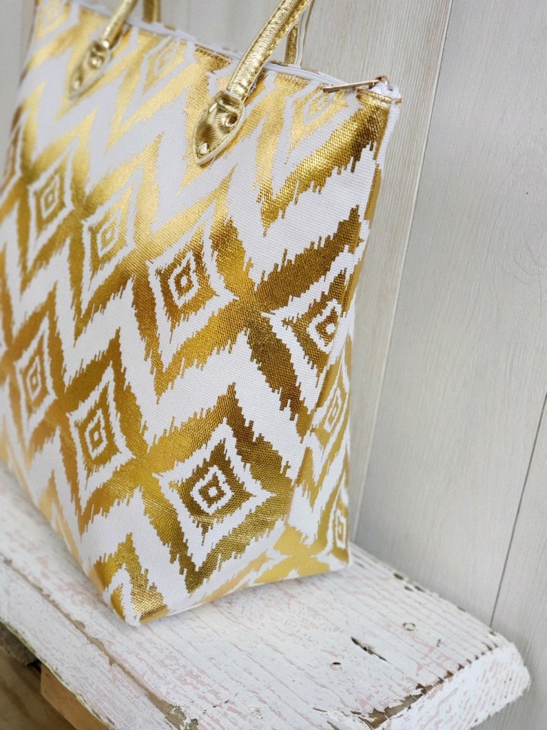 Mother/'s Day Gift Gold Ikat Beach Bag Gold Metallic MONOGRAM-SHIPPING INCL Ikat Print Beach Bag Ikat Metallic Tote Bag