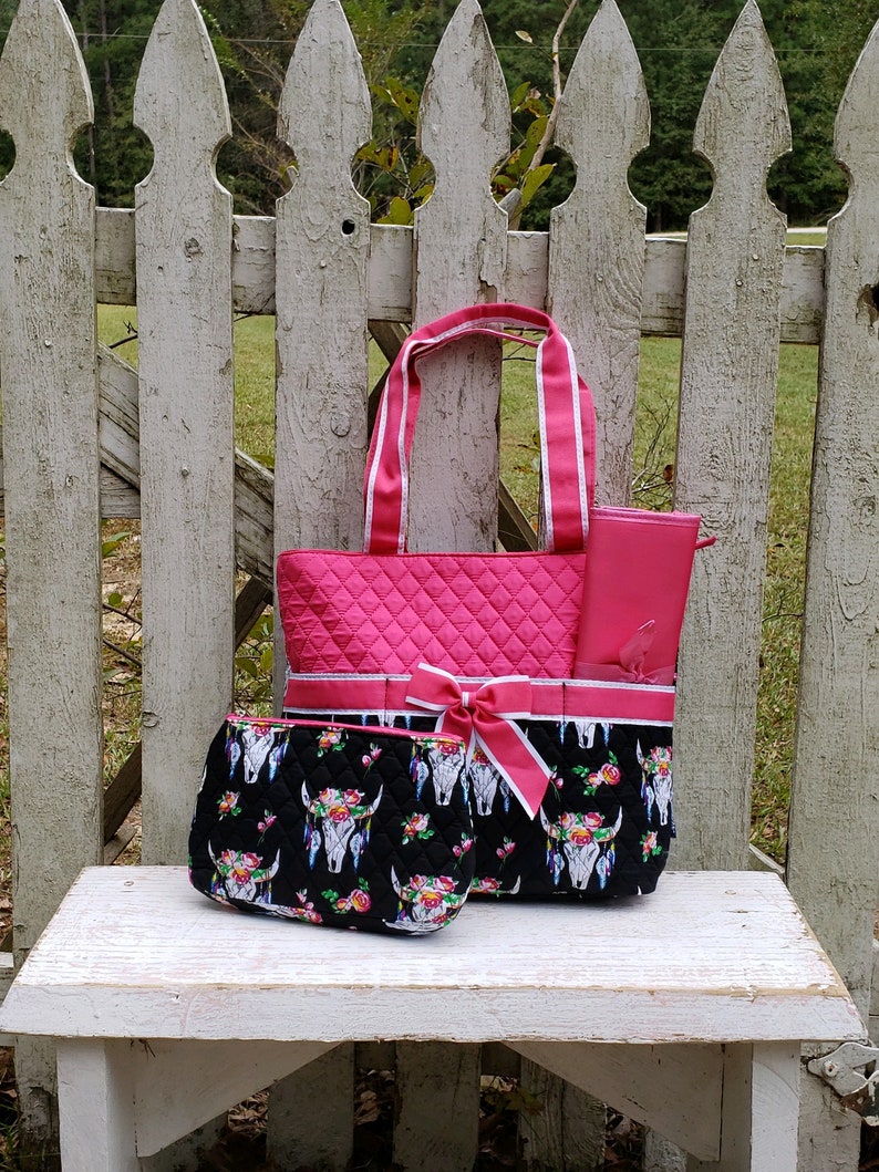 Deer Head Diaper Bag Quilted Diaper Bag Pink Steerhead Bag Steerhead Diaper Bag MONOGRAM-SHIPPING INCLUDED Hospital Diaper Bag