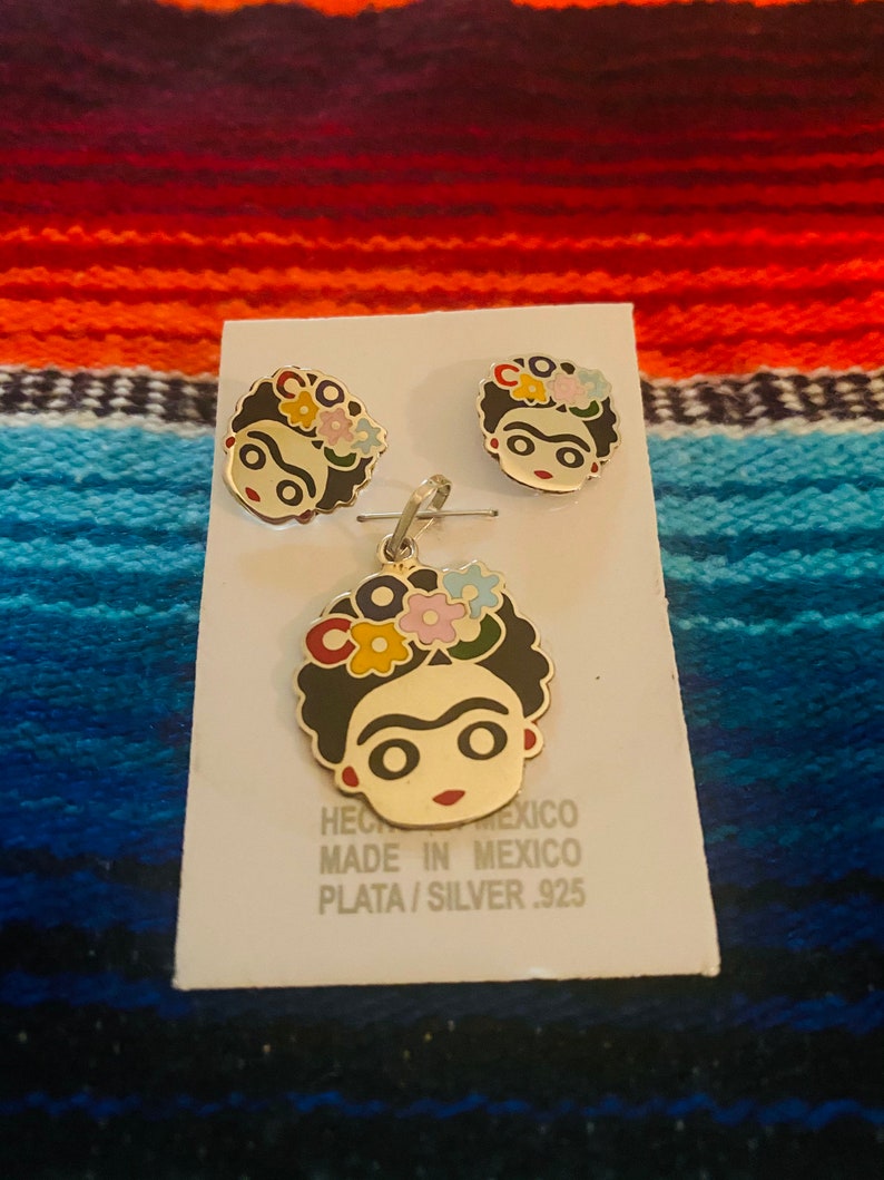 Frida Kahlo stud earrings and necklace set .925 Sterling Silver .925