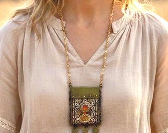 Embroidered talisman bag necklace with removable pin and healing stones