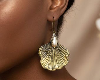 Pendientes colgantes de ginkgo y perla
