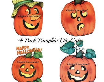 May include: Four digital download printable pumpkin die cuts. Each pumpkin has a different facial expression. The pumpkins are orange with green stems and leaves. The text "Digital Download" appears on each pumpkin. The text "4 Pack Pumpkin Die Cuts" and "HAPPY HALLOWEEN!" appears in the centre of the image.