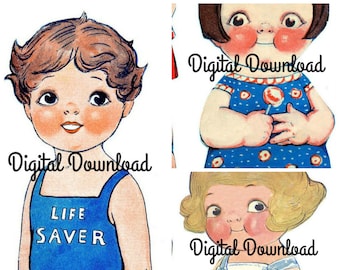 Muñeca de papel Dolly Dingle imprimible, primer día de escuela de tenis Cow Boy de 1930, 3pk, libro de recortes, técnica mixta, hoja de collage, descarga digital PDF