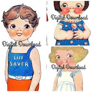 May include: Three vintage paper dolls with colorful clothing. The first doll is wearing a blue swimsuit with the words "Life Saver" on the front. The second doll is wearing a blue dress with white polka dots and a red lollipop. The third doll is wearing a white dress with blue stripes and a blue bow.